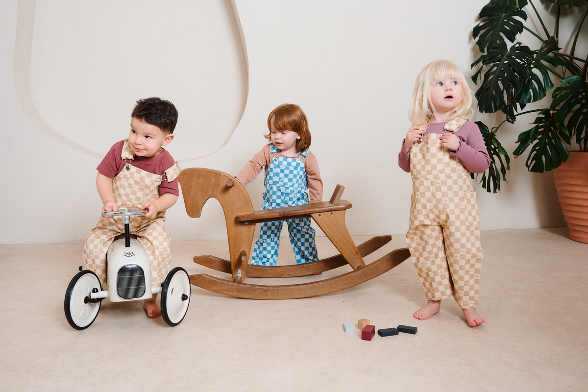 Three children playing with a wooden rocking horse and tricycle in a room with a plant.