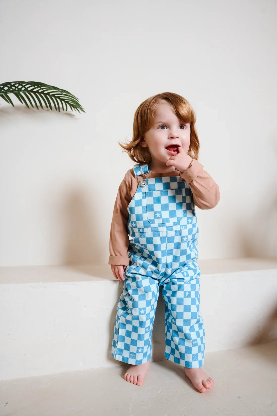 A toddler standing barefoot on a white step, wearing a brown long-sleeve shirt and light blue and white checkered overalls, with a green palm leaf visible in the upper left corner.
