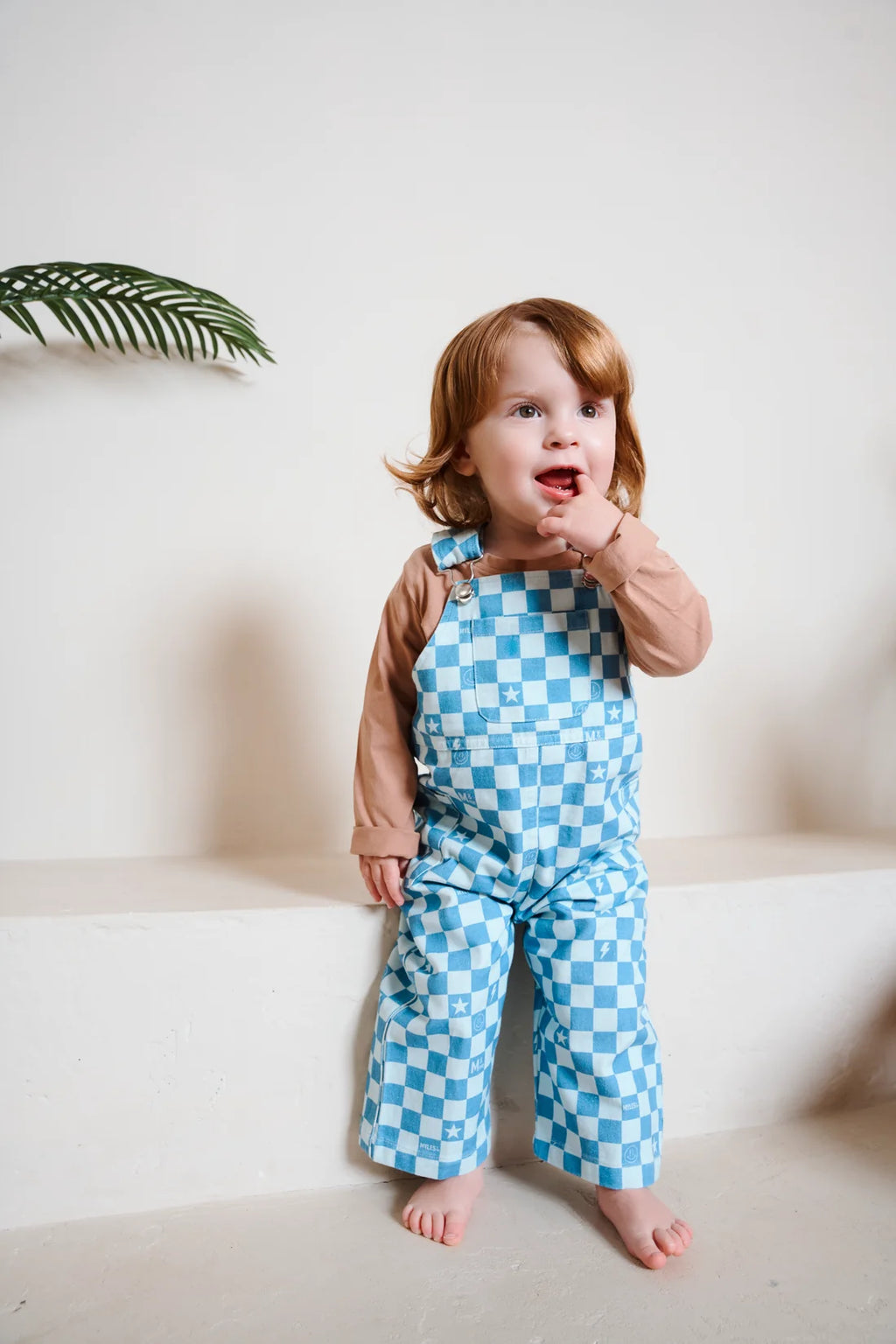 A toddler standing barefoot on a white step, wearing a brown long-sleeve shirt and light blue and white checkered overalls, with a green palm leaf visible in the upper left corner.